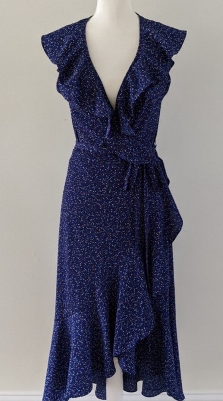 NWT Max Studio Dress Blue Polka Dot Wrap Midi Sleeveless Ruffles Hi-Low Hem - XS
